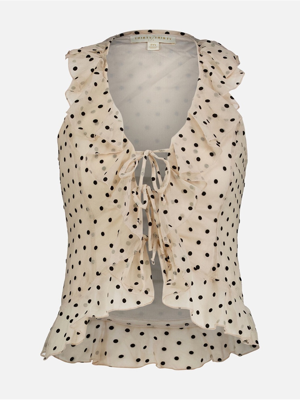Thirty Thirty Cream Polka Dot Ruffle Collar Tie Front Top Medium